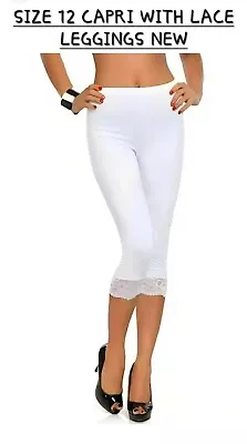 Size 12 White  Capri Soft 3/4 Cropped Lace Trim Leggings Stretchy Comfy Pants • £5.50