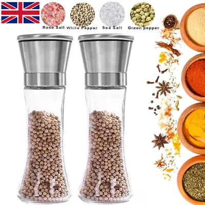 2Pcs Adjustable Salt Pepper Grinder Set Stainless Steel Glass Shaker Mill Coarse • £6.59