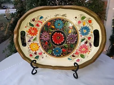 Vintage Mexican Folk Art  Wooden Tray Oval Hand Painted With Handles  • $22