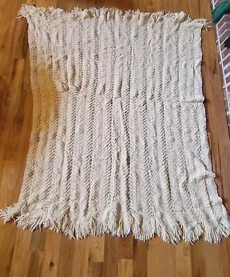 L@@k!!! Handmade Crocheted  Afghan With Fringe Cream Color BOHO 52  X 61  • $25.99