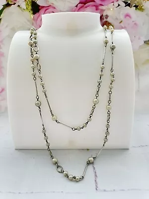 Extra Long Single Strand Silver Tone Necklace Round Pearl Toned Beaded Necklace • £5.50