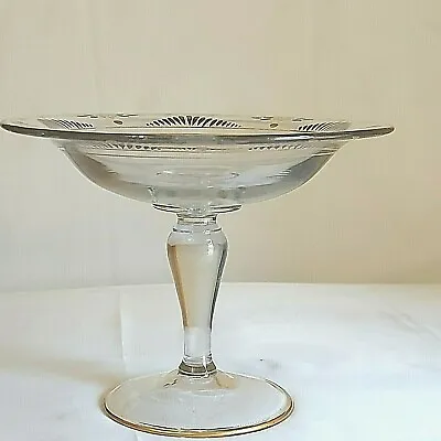 Vintage Clear Glass Compote Candy Dish Round Gold Silver Floral Design Preowned • $16