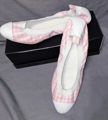 Chanel Ballerina Flats Pink & White Canvas Shoes Size 40.5 (US Size 10) Slip-on • £169.58