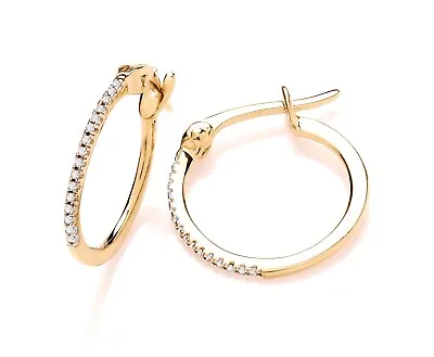 9ct Yellow Gold Natural Diamond Hinged Hoop Earrings 15mm Diameter - Gift Boxed • £124.95