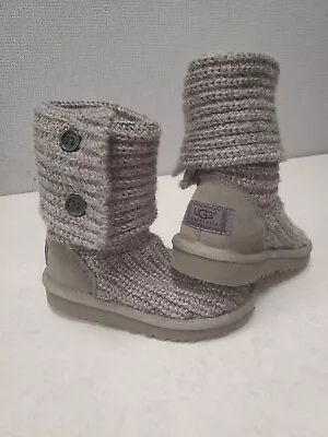 UGG Kids Cardy II Pull On Button Boot In Grey Knitt Size US 8 .EU 25 • $21.40