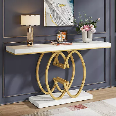 Tribesigns 55  Console Table: White & Gold Faux Marble Geometric Base. • £109.99