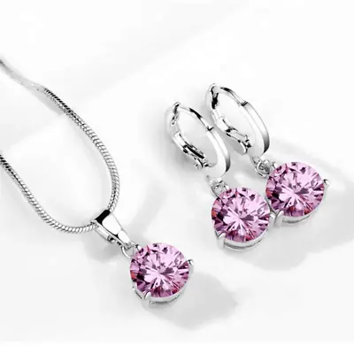 Pink 3pcs Earrings Plus Necklace Jewelry Set Silver Plated Rhinestone Gift Women • $10.98
