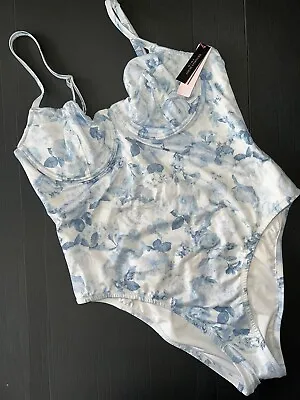 NWT Victoria's Secret L MONOKINI ONE-PIECE WHITE Blue Rose WICKED • $69.99