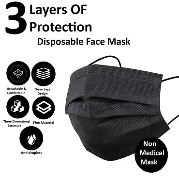 100 Pack Black Face Mask 3Ply Ear Loop Non-Medical Surgical Dust Disposable Mask • $7.29