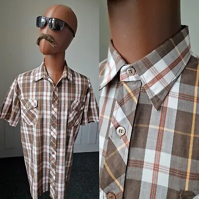 Vintage Friendship Check Shirt -XL- Brown Polycotton Mod Geek 70s/80s BJ03 • £10