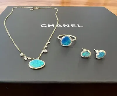 Meira T Australian Blue Opal Necklace Ring  Earrings Set 14k Gold Diamonds 💎 • $2700