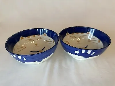 Maneki Neko Lucky Happy Cat Bowl Porcelain Blue Kitty Rice Cereal Desert 6” • $42.95