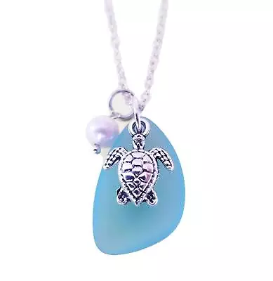 Hawaiian Jewelry Sea Glass Necklace Turtle Necklace Turquoise Blue Necklace • $27.98