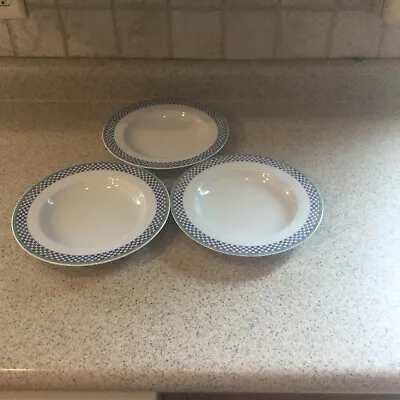 VILLEROY  & BOCH Costa Switch 3 Blue Checker  Rimmed Cereal Soup Bowl Lot Of 3 • $35