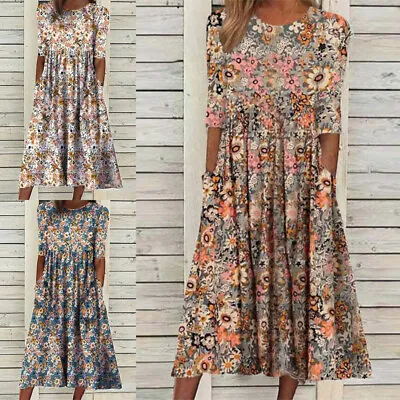 £13.66 • Buy Womens Boho Floral Print Midi Dress Ladies Summer Casual Crew Neck Sundress UK