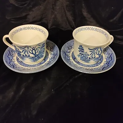 Vintage J &G Meakin Ironstone Blue White Willow Pattern 2 X Cups And Saucers • £8.29