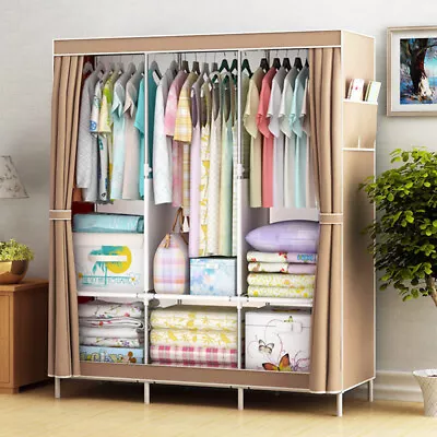 Large Canvas Fabric Wardrobe W/ Hanging Rail Shelving Clothes Storage Cupboard • £18.99