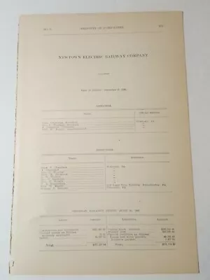 1906 Railroad Document NEWTOWN ELECTRIC STREET RAILWAY Pennsylvania Trolley  • £8.64