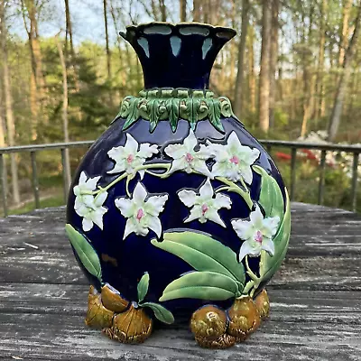 Antique GEORGE JONES Majolica ORCHID MOONFLASK Cobalt Blue Bulb - DAMAGED RIM • $499.95