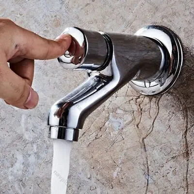 Bathroom Basin Push Faucet Self Closing Tap Chrome Brass Single Lever Wall Mount • £17.29