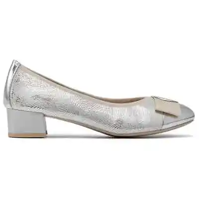 Caprice Ballerina Shoes Size UK 6 Leather Wide Fit Stretchy 5cm Heel - Silver • £38