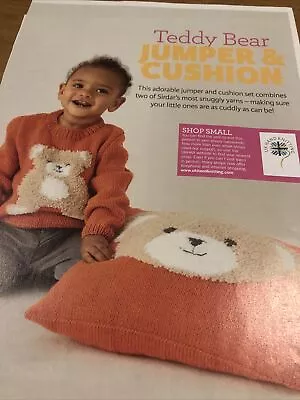 Knitting Pattern Children’s Jumper Teddy Bear Motif DK Sweater & Cushion • £1.99