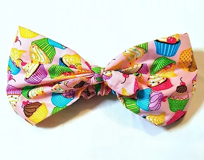 Pink Multicoloured Cupcake Patterned Baby Bow Headband Sizes 3-6 Months • £2