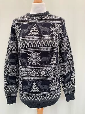 Festive Christmas Jumper Grey Size S Cedar Wood Chest 36” Knit Mens • £8.79