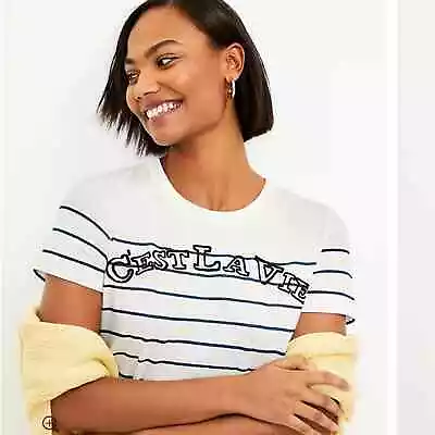 LOFT C'est La Vie Striped Navy Cream Blouse Everyday Shirt Medium • $14.40