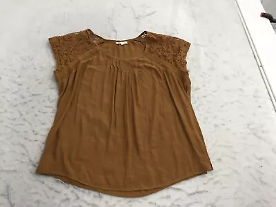 Maurices Blouse Womens XL Brown Lace Accented Short Sleeve Ruched Crew Neck • $11.99