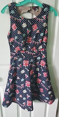 Yumi London Red Bus Tea Pot. Union Jack. Navy .dot. Dress SIZE Small US 0/2 UK 8 • £16.53