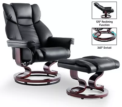 £199.99 • Buy Leather Recliner Chair Sofa Armchair Lounge Swivel Chair W/ Foot Stool Wood Base