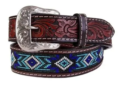 Western Rodeo Brown Tooled Leather Multi Color Beaded Belt Floral Billet Size 42 • $50.32