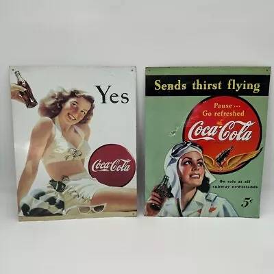 2 Vintage Retro Coca Cola Advertising Tin Metal Signs 12x16” Bikini Flight • $29.89
