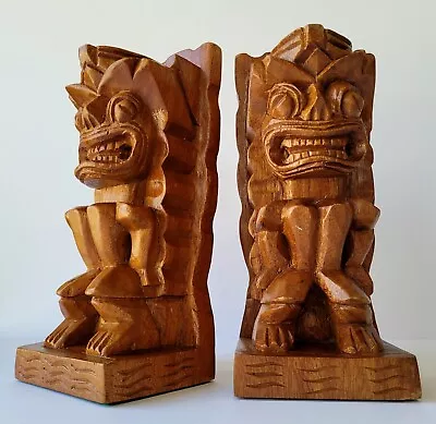 Tiki Luau Decor Vintage Hand Carved Wood Wooden Totem Bookends 9  Mid Century  • $59.99