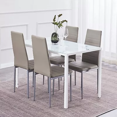 47  White Marble Glass Dining Table & 4pcs Gray Faux Leather Dining Chairs Set • $199.49