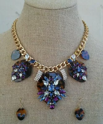 VINTAGE NECKLACE And EARRINGS SET FAUX TORTOISE SHELL & RHINESTONES GOLD TONE • $12.50