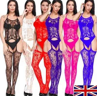 Womens Sexy Bodysuit Bodystocking Fishnet Halterneck Erotic Lingerie Underwear • £5.89