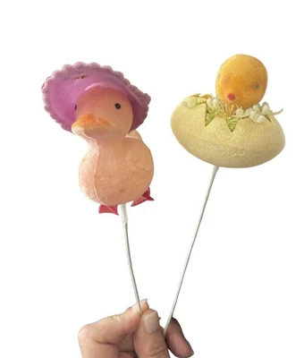 $10 • Buy SWEET Vintage FLOCKED Plastic  ~ EASTER CHICK In Egg & BUNNY With Hat ~ Decor