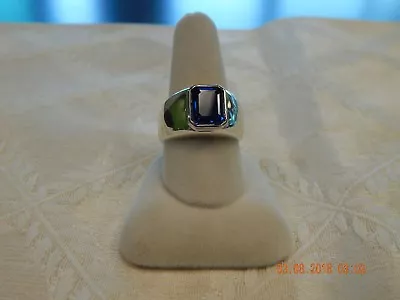 Emerald Shaped Imitation Blue Sapphire Men's Ring Sterling Silver Size 10 • $450