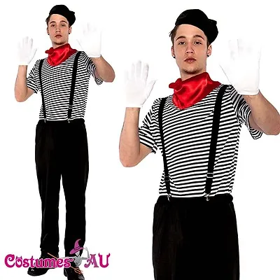 Mens Mesmerizing Mime Costume French Artist Clown Circus Fancy Dress Outfits • £26.77