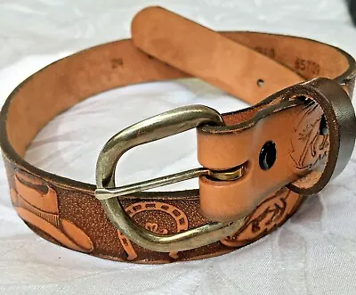 Kids Bushy Creek Tooled Brown Leather Belt Horses Western Cowboy Cowhide 24 USA • $10