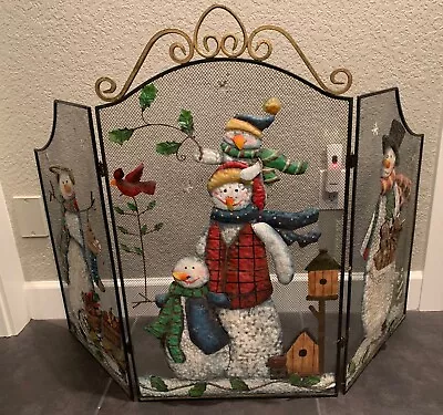 Vintage Christmas/Holiday Folding Metal Mesh Tri-Fold Fireplace Screen Snowman • $69