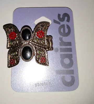 Vintage Silver Tone Butterfly Red Black Flowered Stretch Ring NEW NOS • $4.99