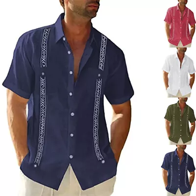 Short Sleeve Button-Up Men's Casual Cuban Guayabera Beach Wedding Dress Shirt US • $24.06
