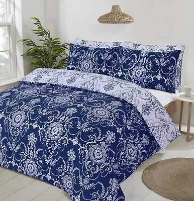 MHG Living Percale Damask Pattern Baroque Print Duvet Cover Set Blue • £16.99