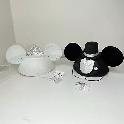 Disney Parks Mickey & Minnie Mouse Wedding Groom And Bride Ears Hat Set Tuxedo • $69.95