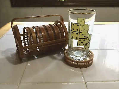 Vintage Retro MCM Boho 6 Pressed Butterfly Wicker/Bamboo Coasters With Holder • $21.95