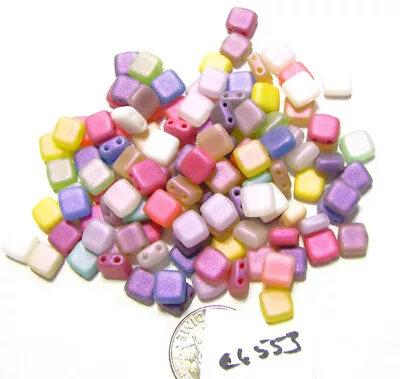 Czech Glass Beads Square Tile 2 Hole MATTE PASTEL MIX Lot Of 20 C6553 • $0.99