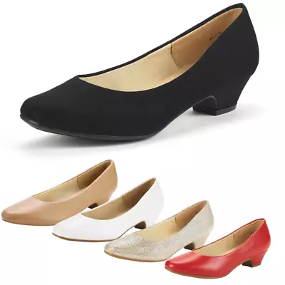 Women Classic Round Toe Dress Pump Low Chunky Heel Slip On Comfort Pump Shoes • $25.99